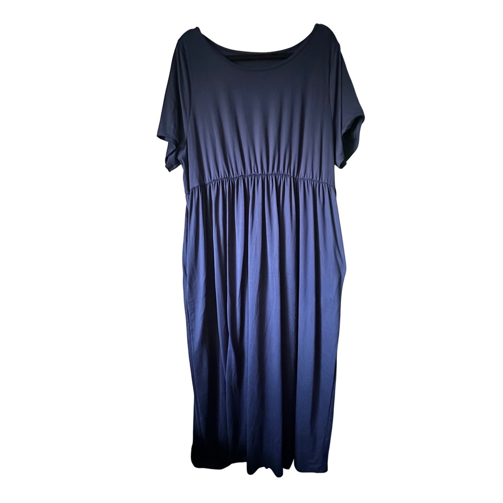 Womens Navy‎ Blue Maxi Dress Casual Short Sleeve Empire Waist Pockets